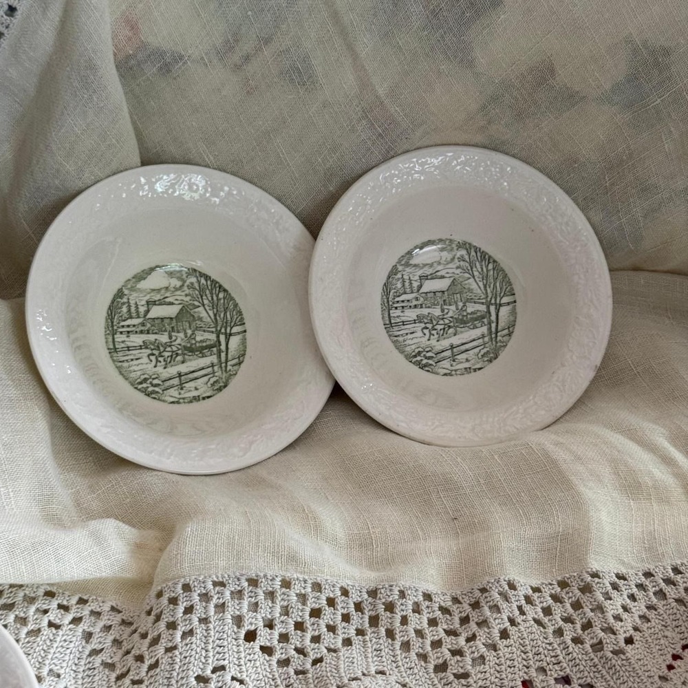 Taylor Smith‎ & Taylor Pastoral Green Transferware Winter Scene Bowls Set of 2